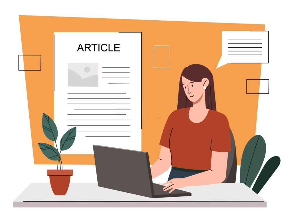 Woman write online articles concept. Copywriter and freelancer makes money on Internet. Young girl will create interesting content for website and webpage. Cartoon flat vector illustration